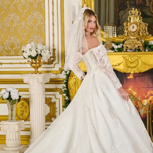 New Off The Shoulder Mesh Wedding Gown w/Floral Lace & Sheer Voned Bodice GL3824 - Picture 10 of 15